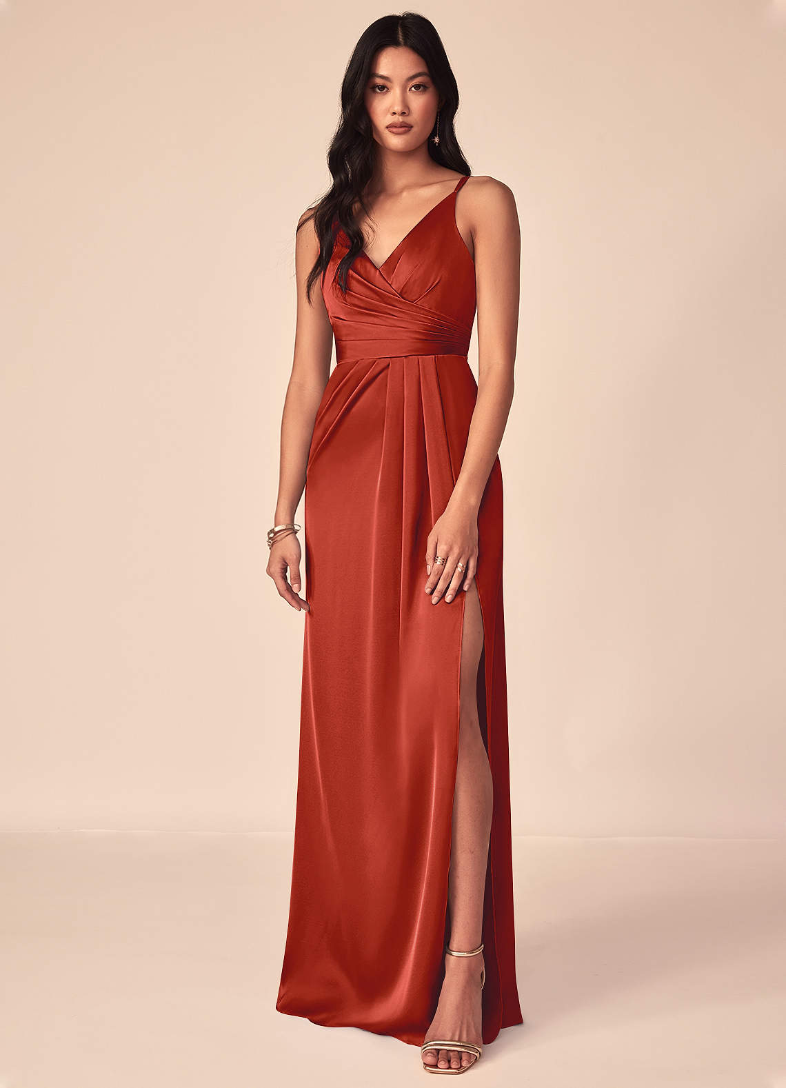 Azazie Aqua Bridesmaid Dresses Rust A-Line V-Neck Pleated Stretch Satin Dress image1