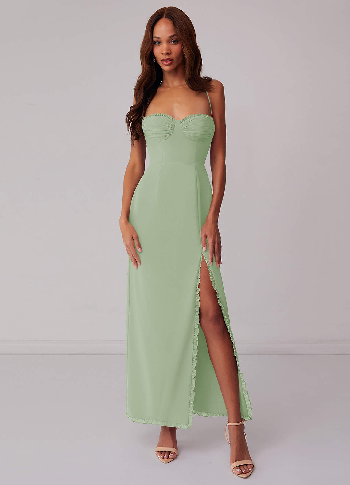Barbie ♥ Azazie Bridesmaid Dresses Dusty Sage Sheath Corset Chiffon Dress image1