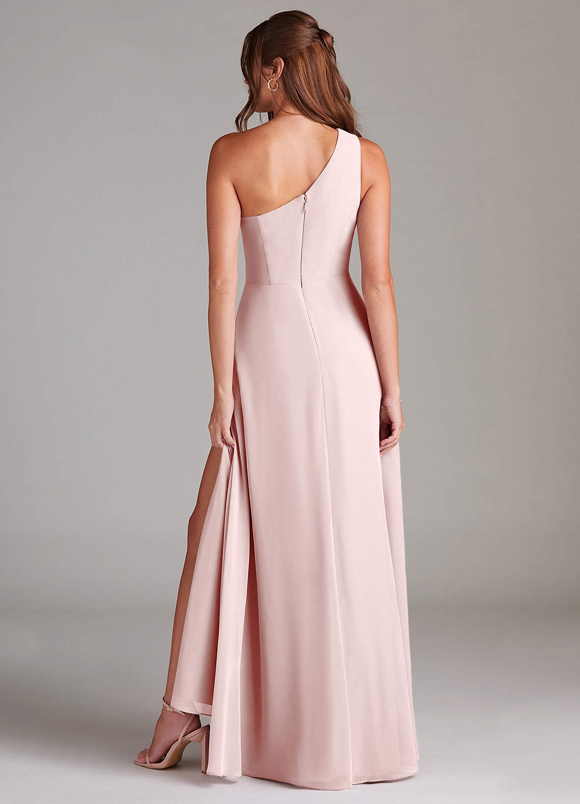 Azazie Brooke Bridesmaid Dresses Blushing Pink A-Line One Shoulder Chiffon Dress image6