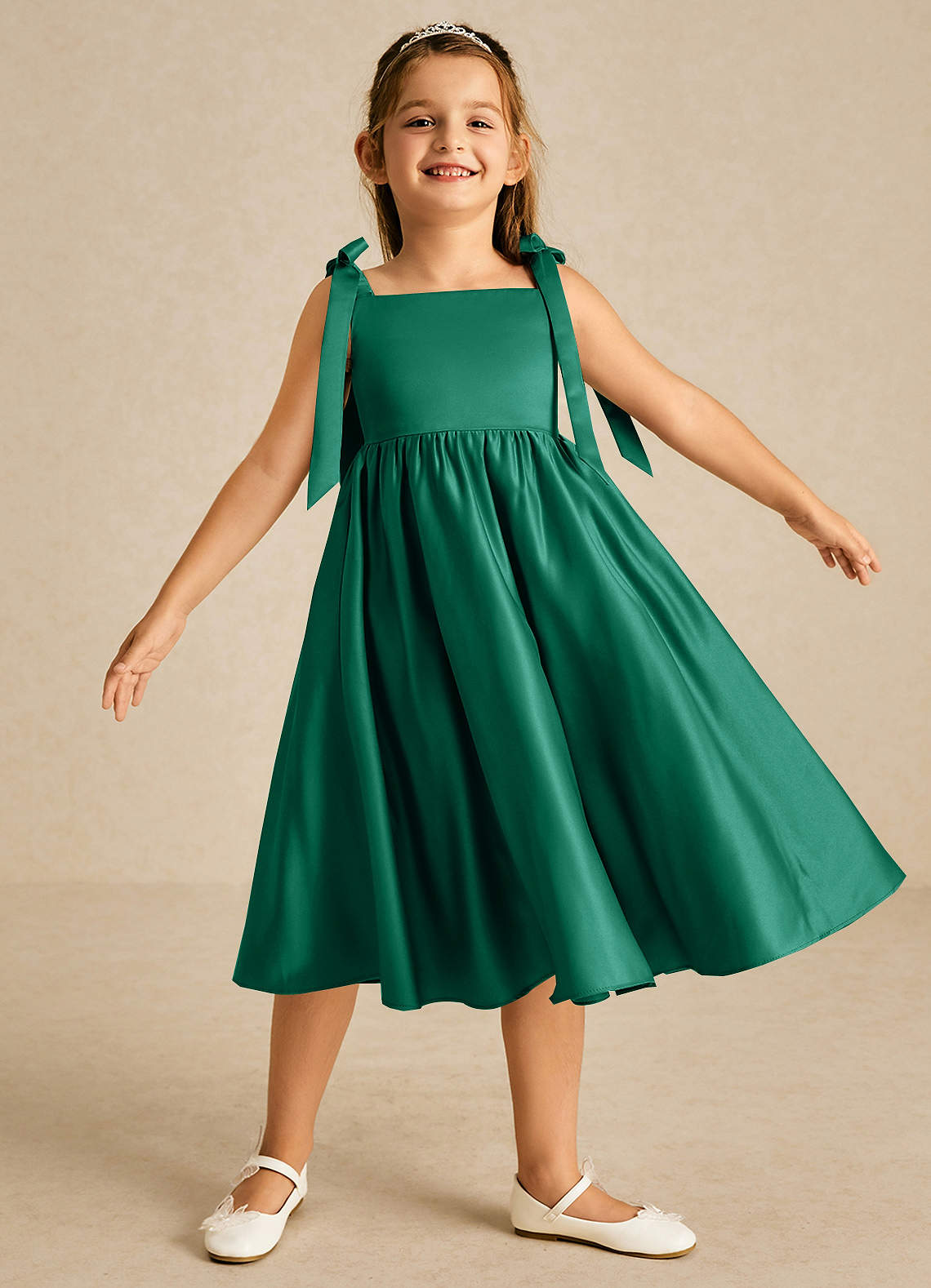 Azazie Chelsie Flower Girl Dresses Emerald A-Line Bow Matte Satin Dress image1