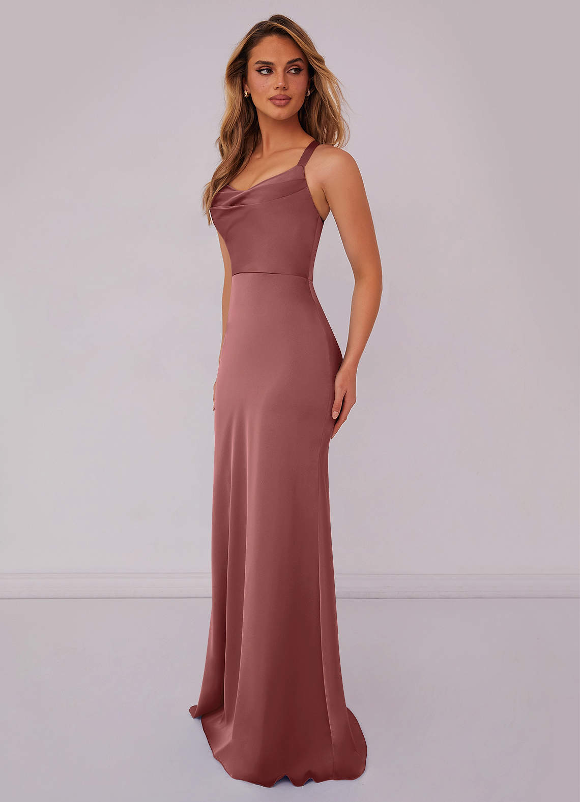 Crisscross Halter Sheath Chiffon Bridesmaid Dress with Bow in Terracotta main image 1