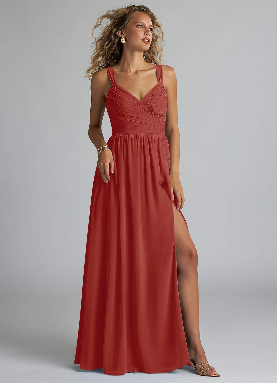 Azazie Aziza Bridesmaid Dresses Terracotta A-Line V-Neck Pleated Chiffon Dress image1