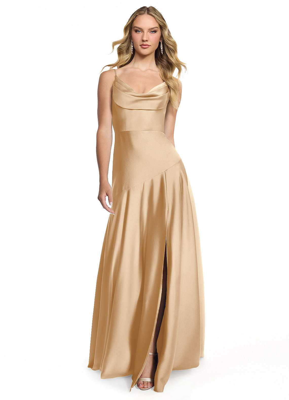 Azazie Kayla Bridesmaid Dresses Champagne Sheath Side Slit Stretch Satin Dress image1