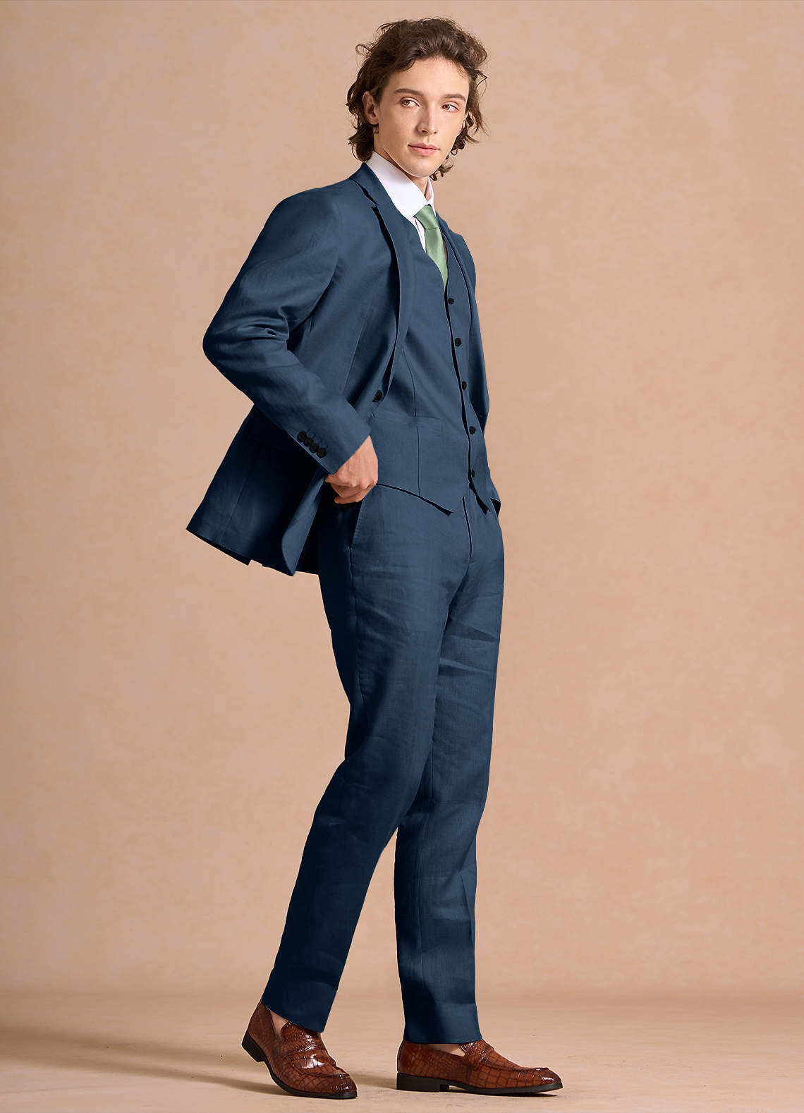 front Harrison 다크 네이비 100% 린넨 쓰리피스 정장