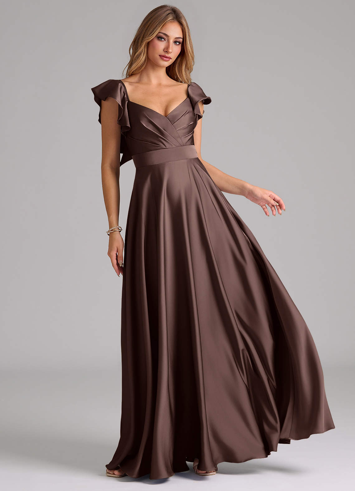 Azazie Leilani Bridesmaid Dresses Ganache A-Line Ruched Stretch Satin Dress image1