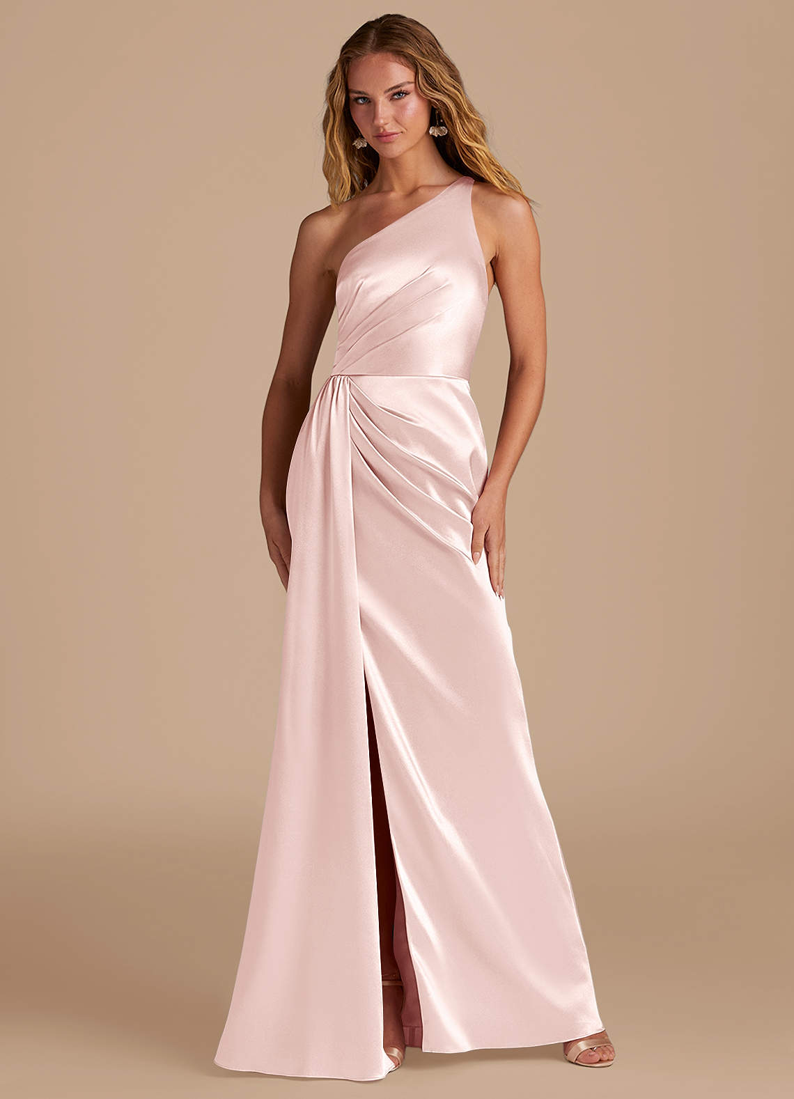 Azazie Mika Bridesmaid Dresses Blushing Pink Sheath One Shoulder Metallic Satin Dress image1