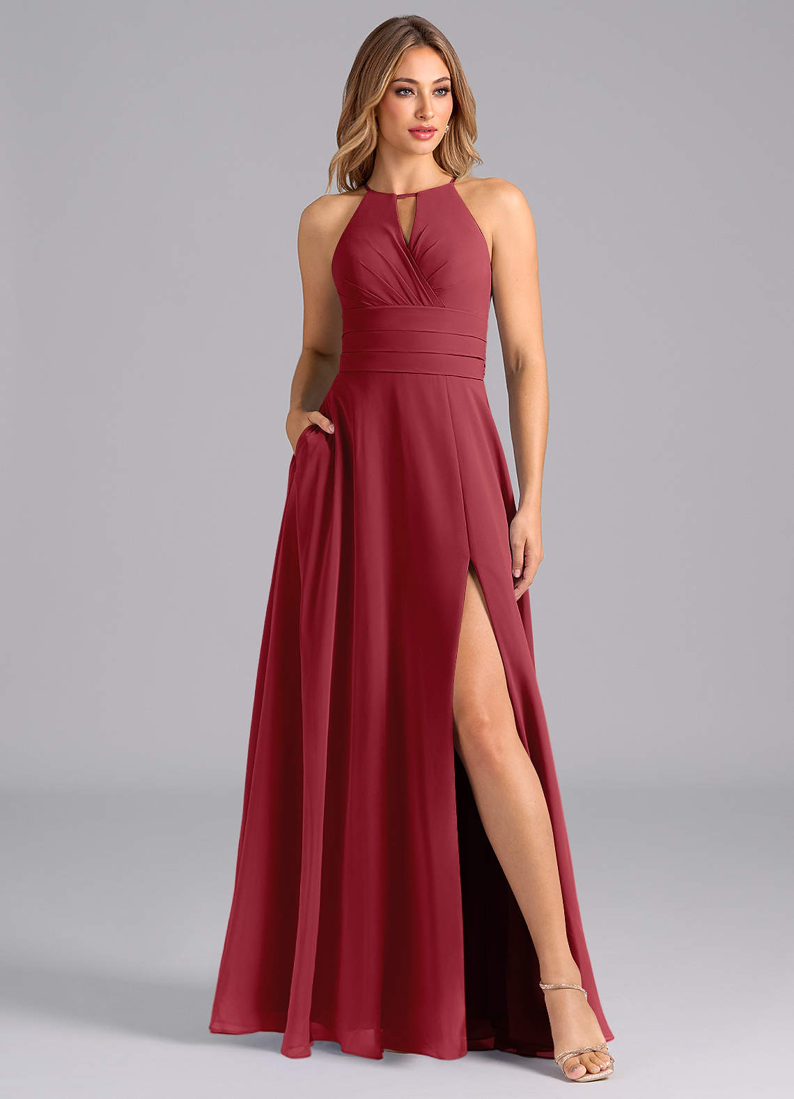 Azazie Denver Bridesmaid Dresses Pomegranate A-Line Pleated Chiffon Dress image1