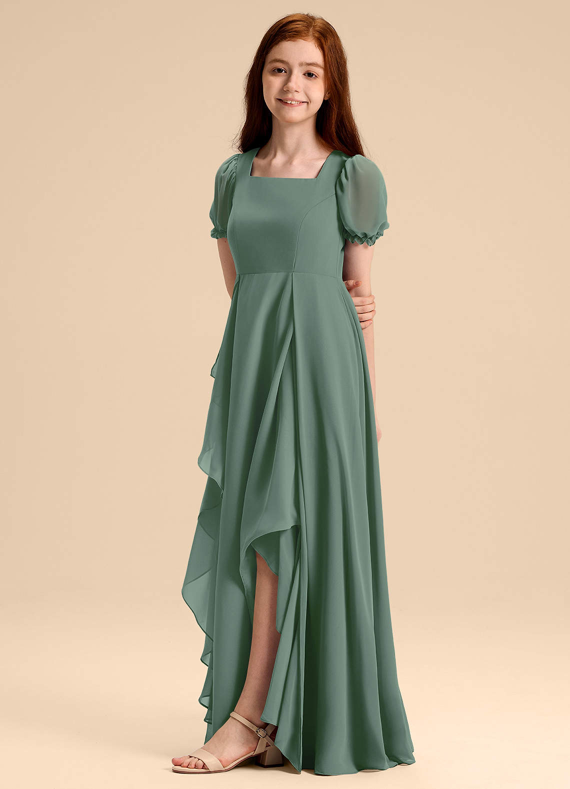 Azazie Priya Junior Robe Trapèze en Mousseline de soie Blouson Eucalyptus image3