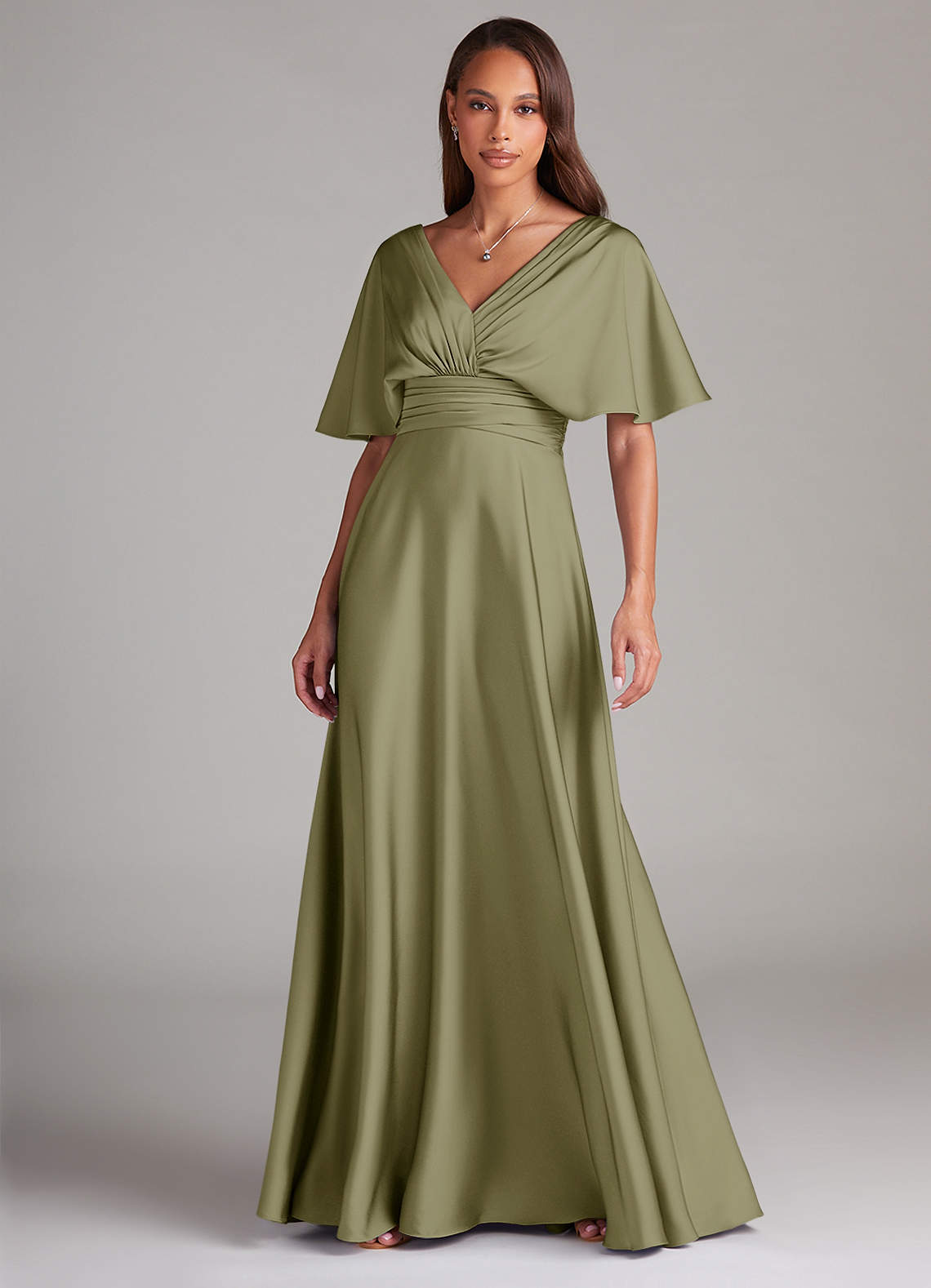 Azazie Pamela Vestidos de damas de honor Vestido de Pistacho de Satén Elástico de Corte en A con Plisado image1