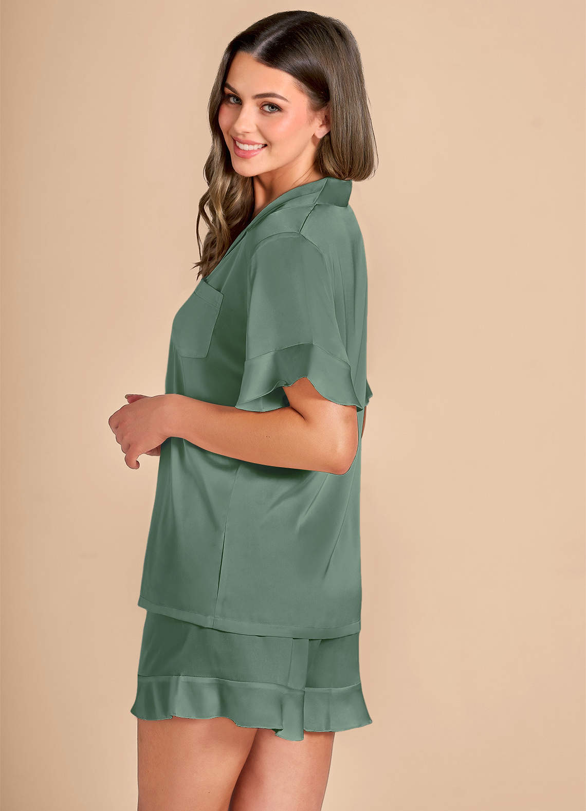 front Ruffled Short Sleeve Pajama Set