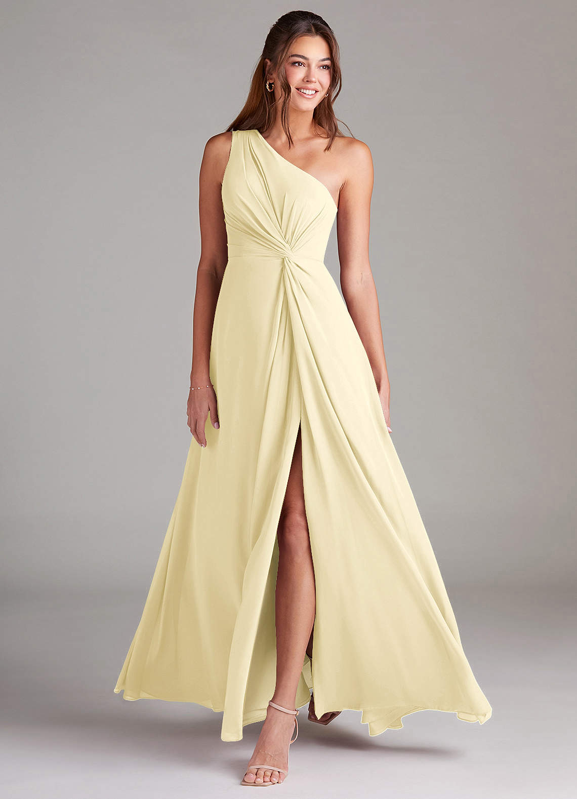 Azazie Brooke Bridesmaid Dresses Lemon Sorbet A-Line One Shoulder Chiffon Dress image2