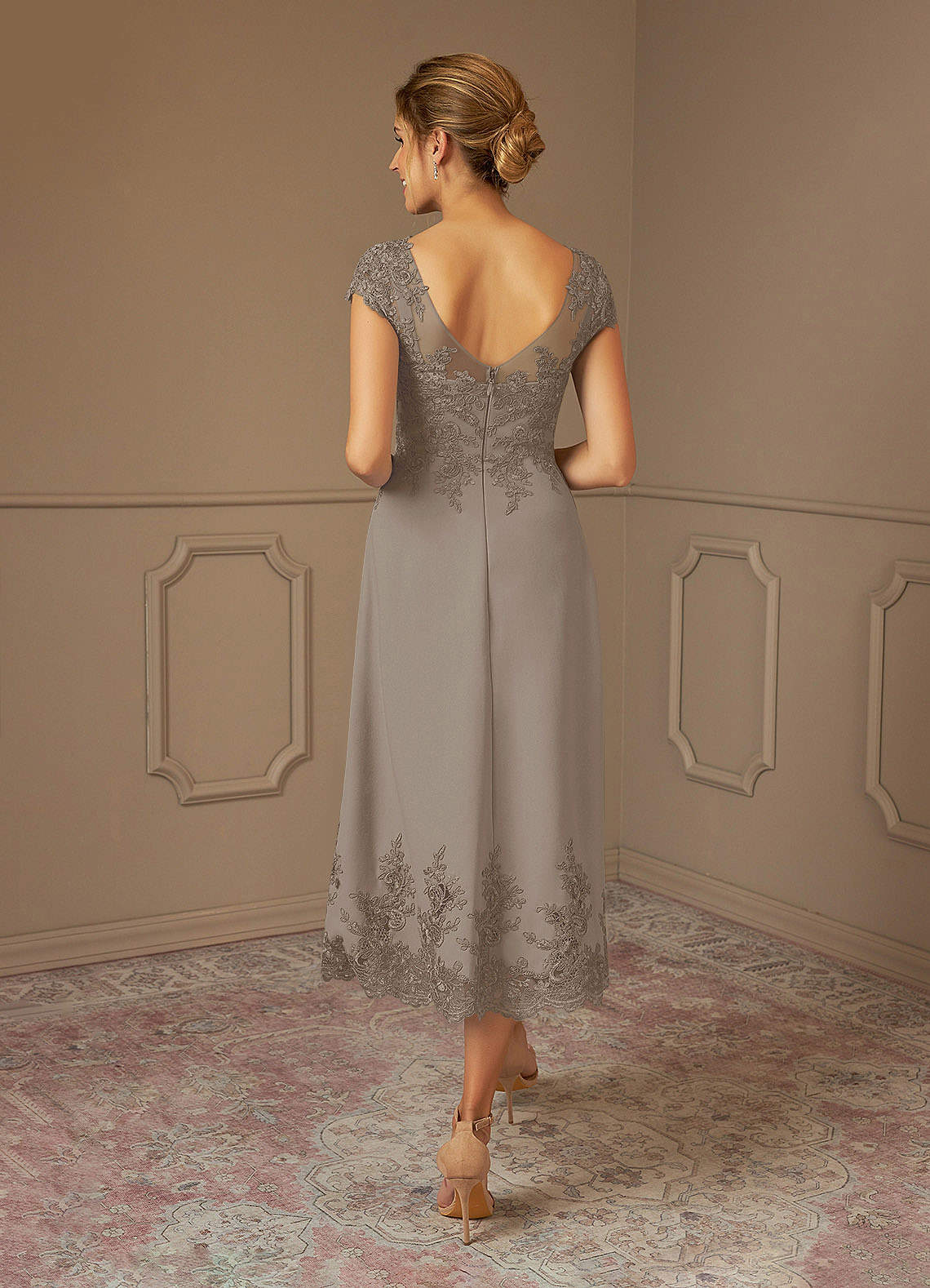Azazie Terrano Mother of the Bride Dresses Taupe A-Line Scoop Lace Dress image2