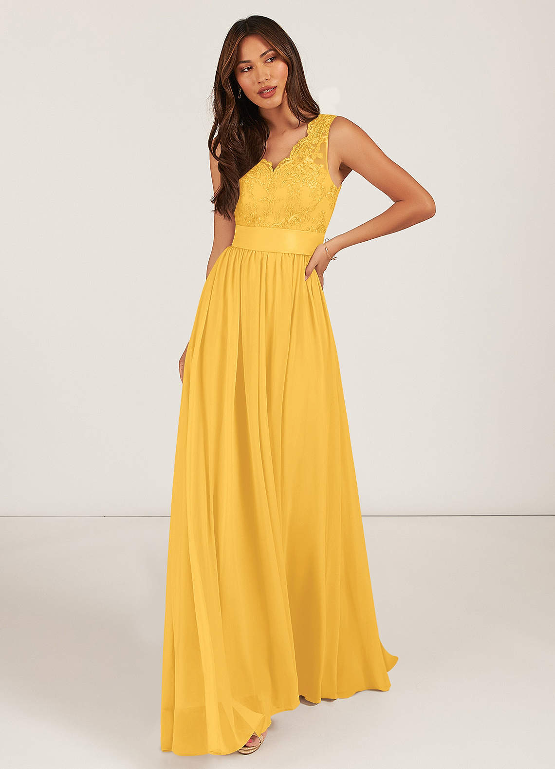 Azazie Gertrude Bridesmaid Dresses Marigold A-Line Lace Chiffon Dress image1