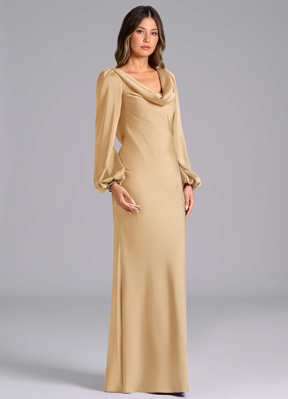 Azazie Melani Ready to Ship Gold Stretch Satin Bridesmaid Dresses | Azazie