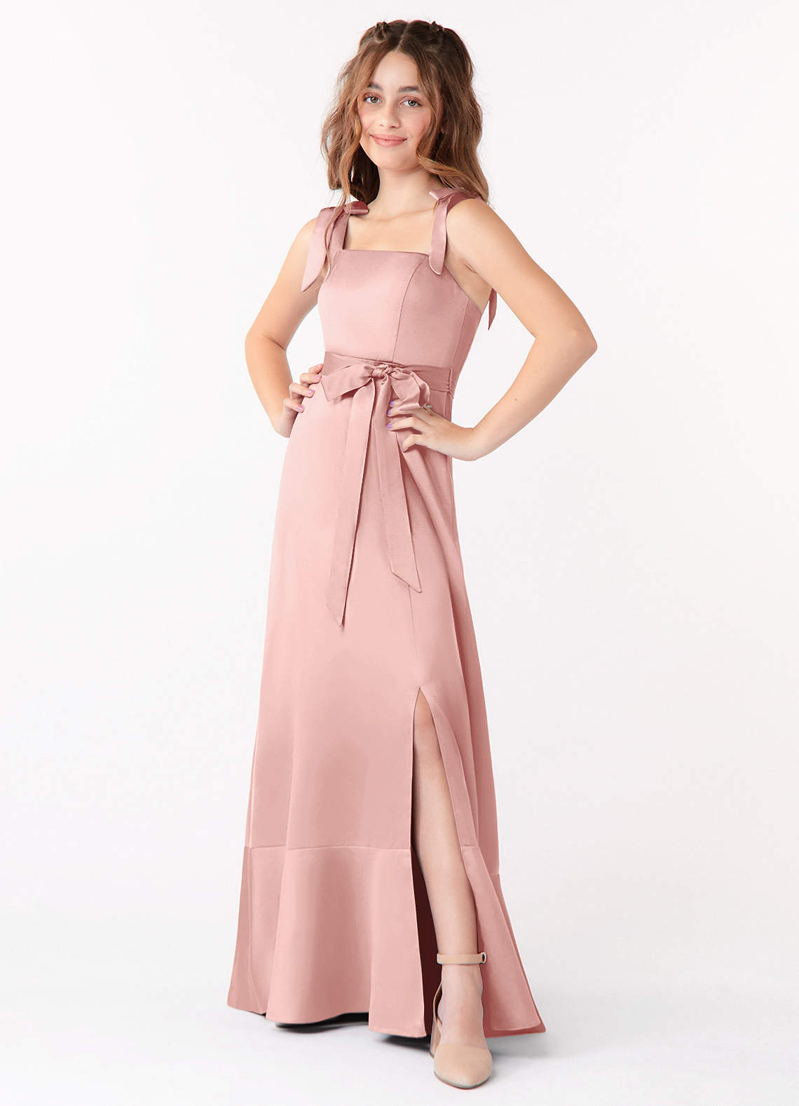 Azazie Barbara Junior Vestido de Oro Rosa de Satin Mate de Corte En A con Lazo image1