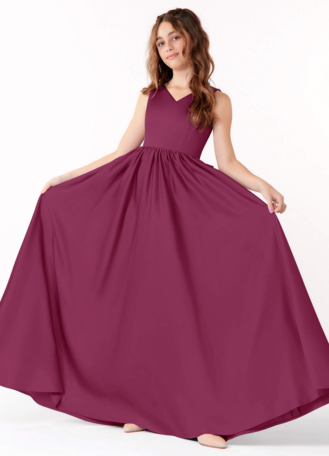 Azazie Hathaway Junior Mulberry A-Line Bow Matte Satin Dress image1