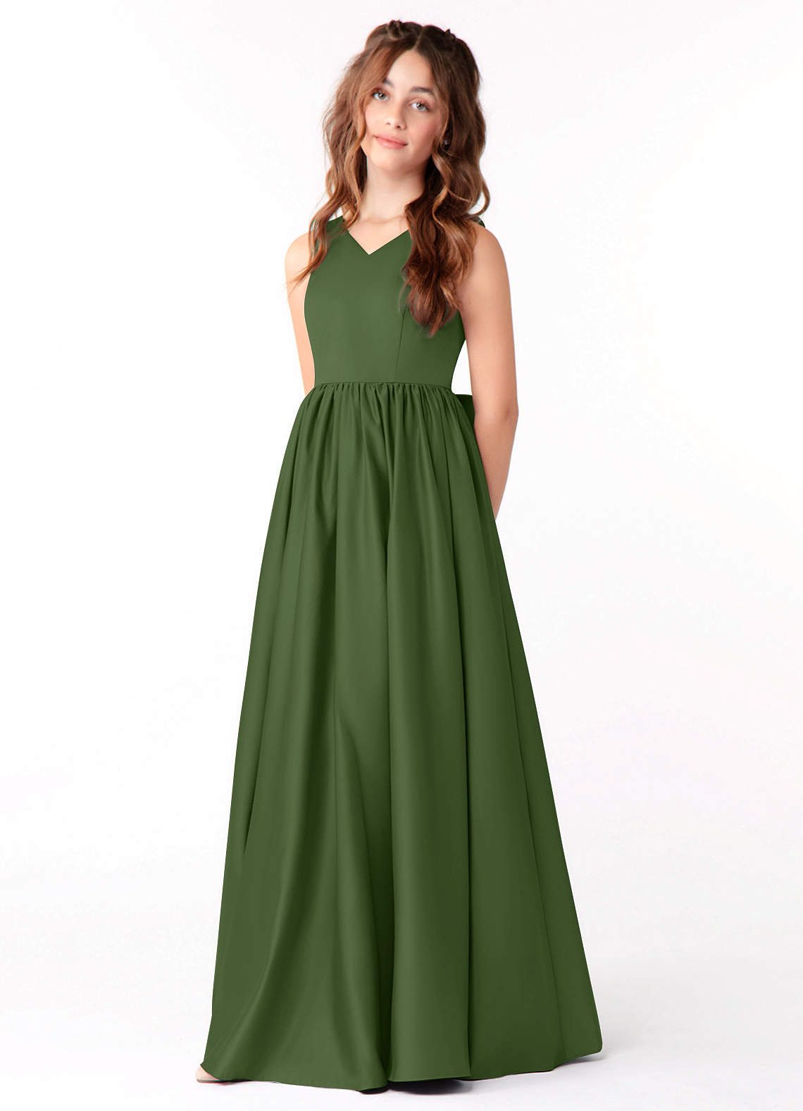 matte satin olive green bridesmaid dress Azazie Arianthe Junior