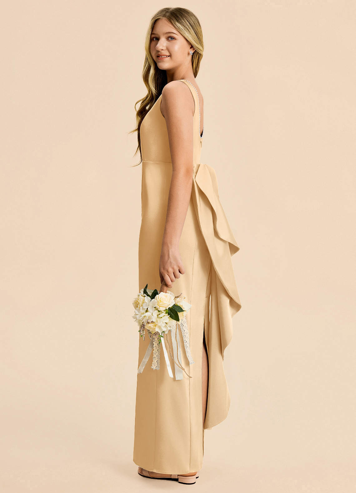 gold junior bridesmaid dresses Azazie Sheath Boat Neck Floor-Length Stretch Satin Junior Bridesmaid Dresses
