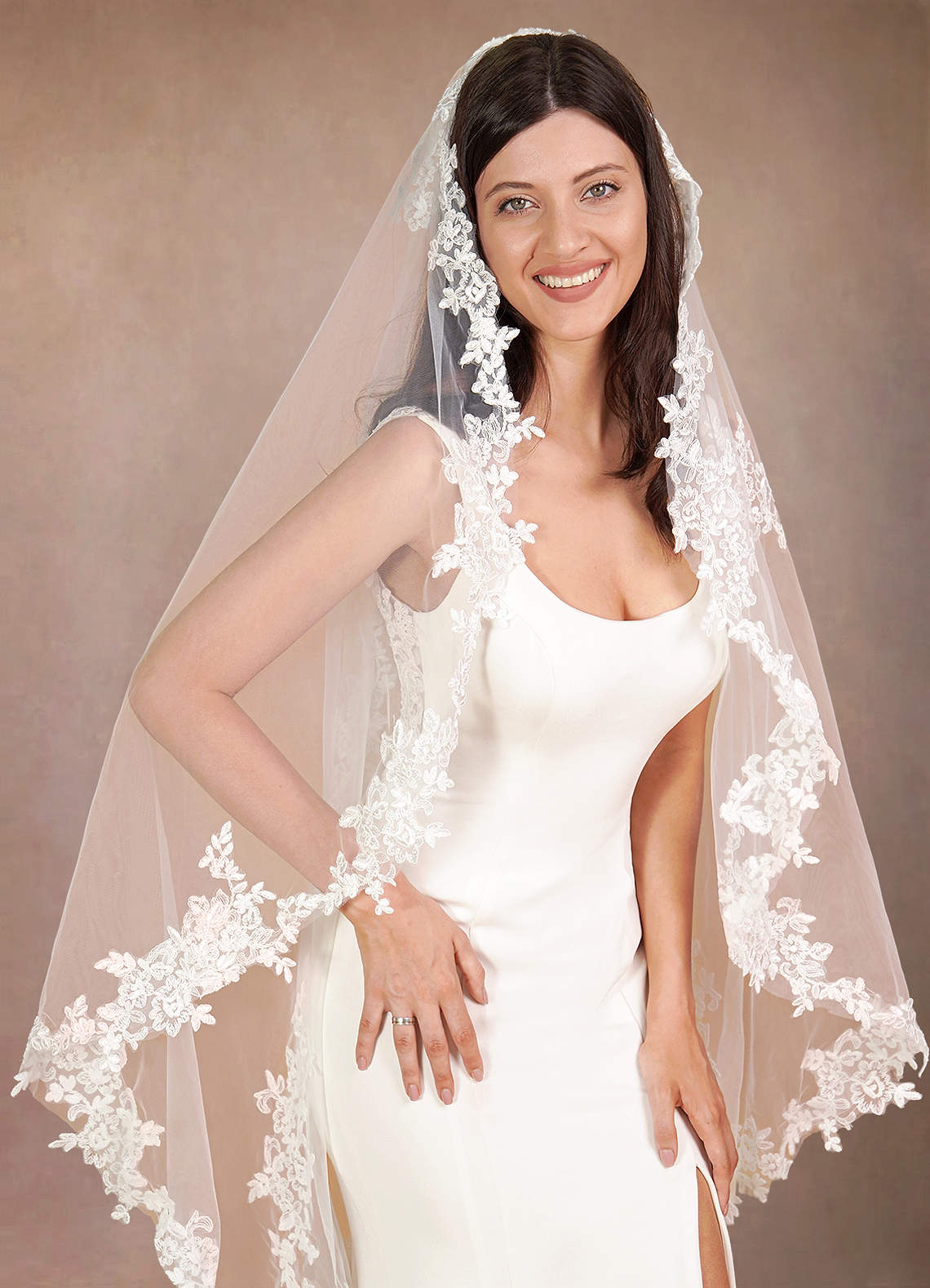 front Diamond and Lace Fingertip Veil