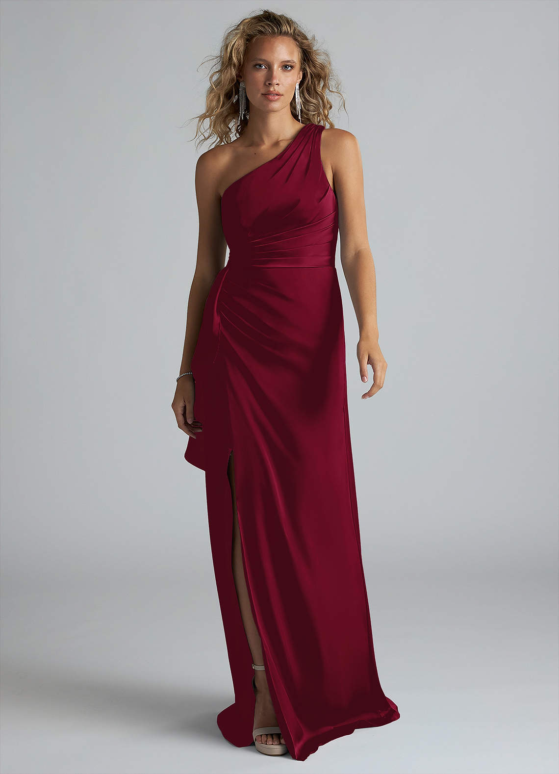Azazie Maive Bridesmaid Dresses Burgundy Sheath Ruched Stretch Satin Dress image1