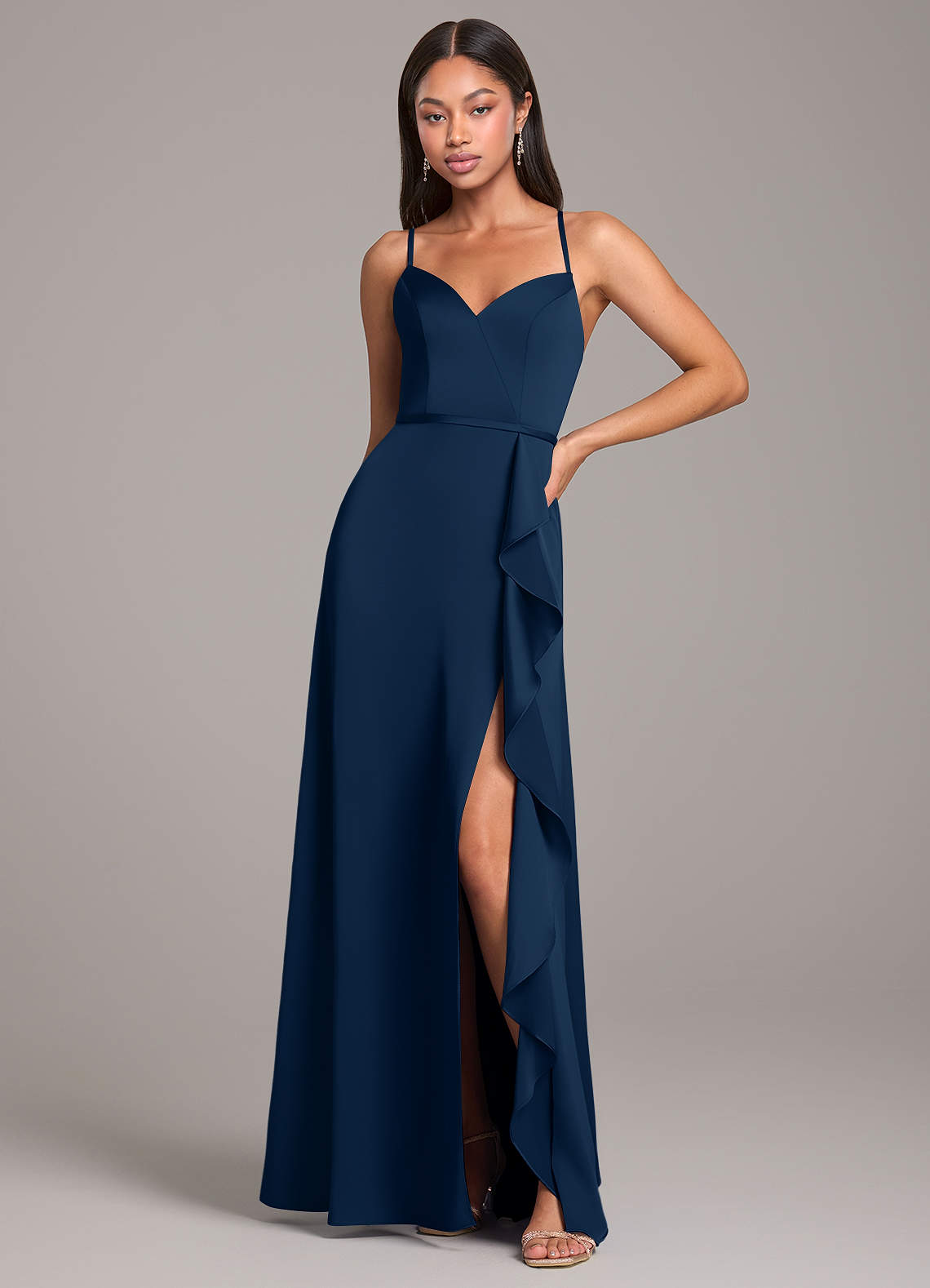 blue dress for baby girl Ladivine 7450 One Shoulder Soft Satin A Line Dress, Smoky Blue / 12
