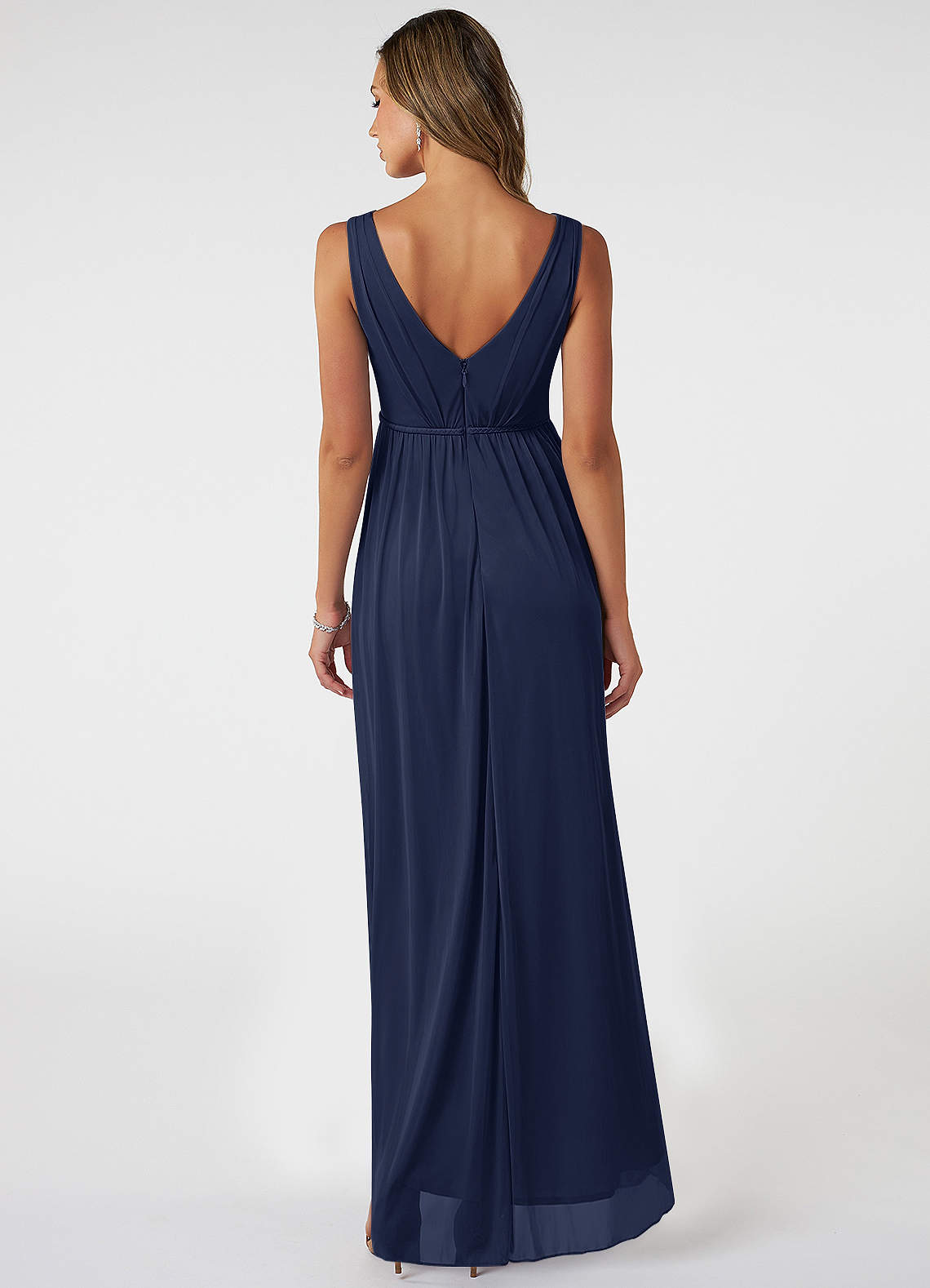 Azazie Tanicia Bridesmaid Dresses Dark Navy A-Line V-Neck Pleated Mesh Dress image1