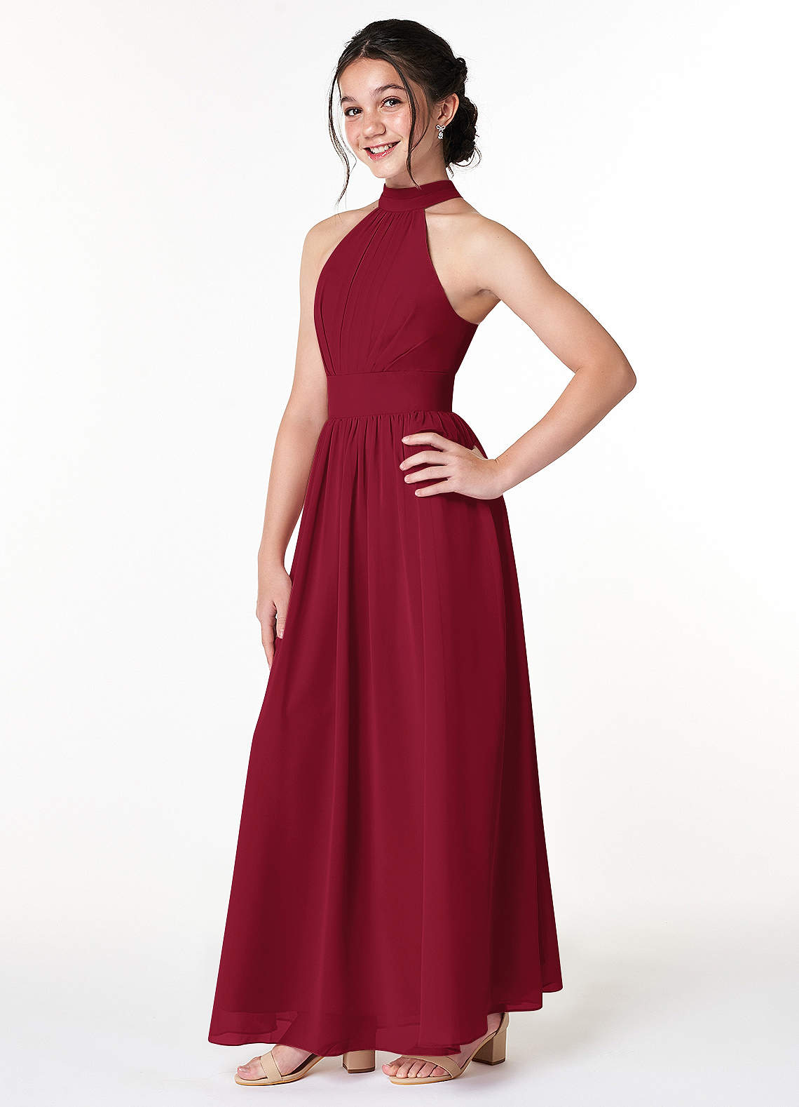 Azazie Iman Junior Vestido Borgonha de Chiffon de Linha A com Plissado image2