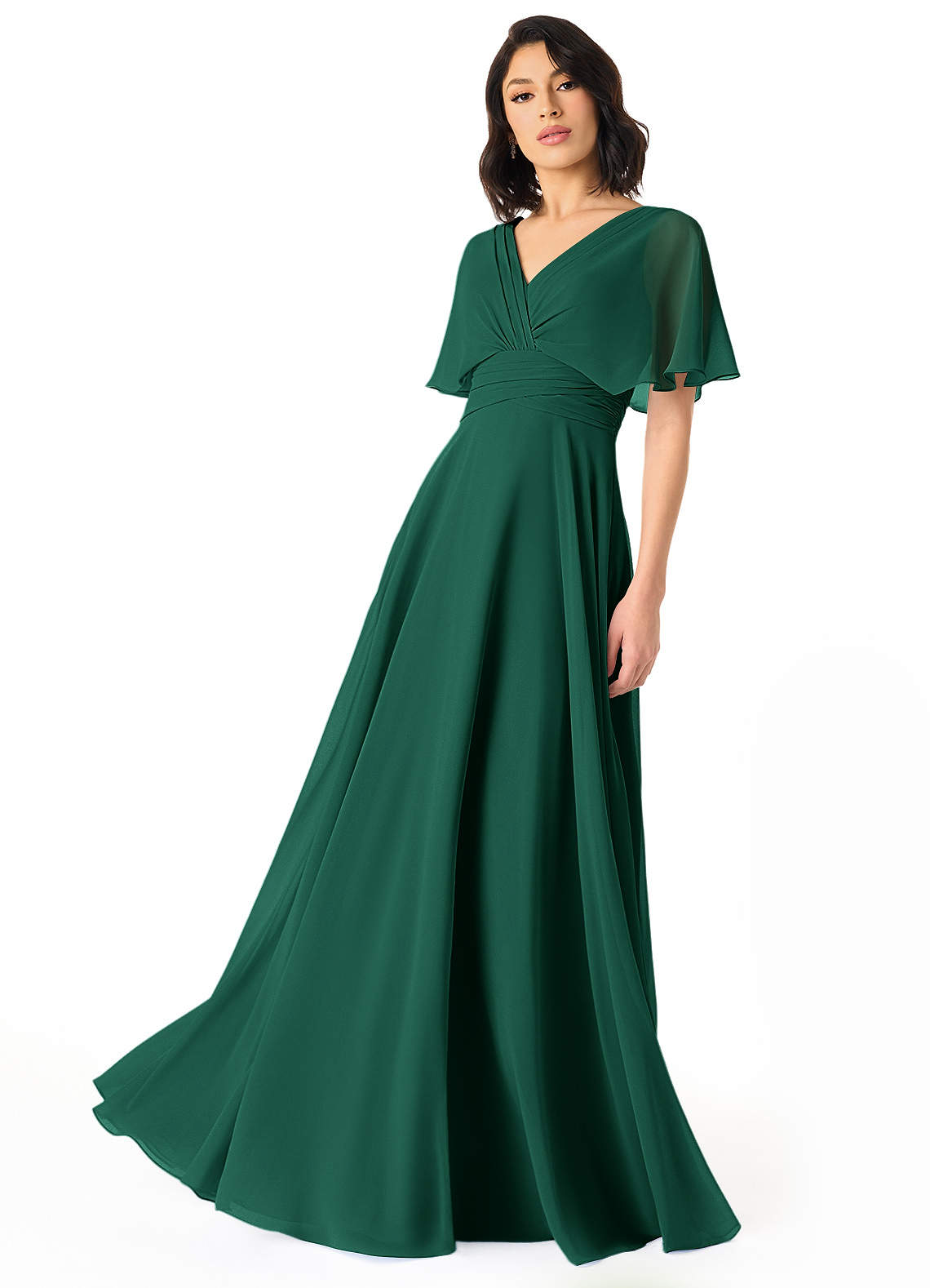 Azazie Pamela Bridesmaid Dresses Emerald A-Line V-Neck Pleated Chiffon Dress image1
