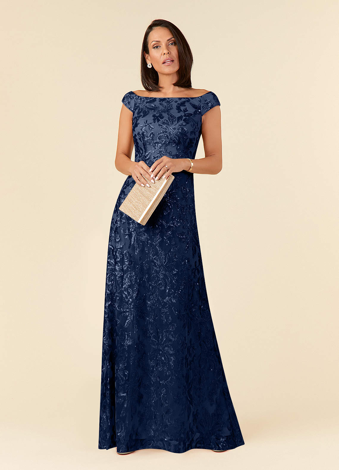 Azazie Porcelain Mother of the Bride Dresses Dark Navy A-Line Off the Shoulder Lace Dress image2