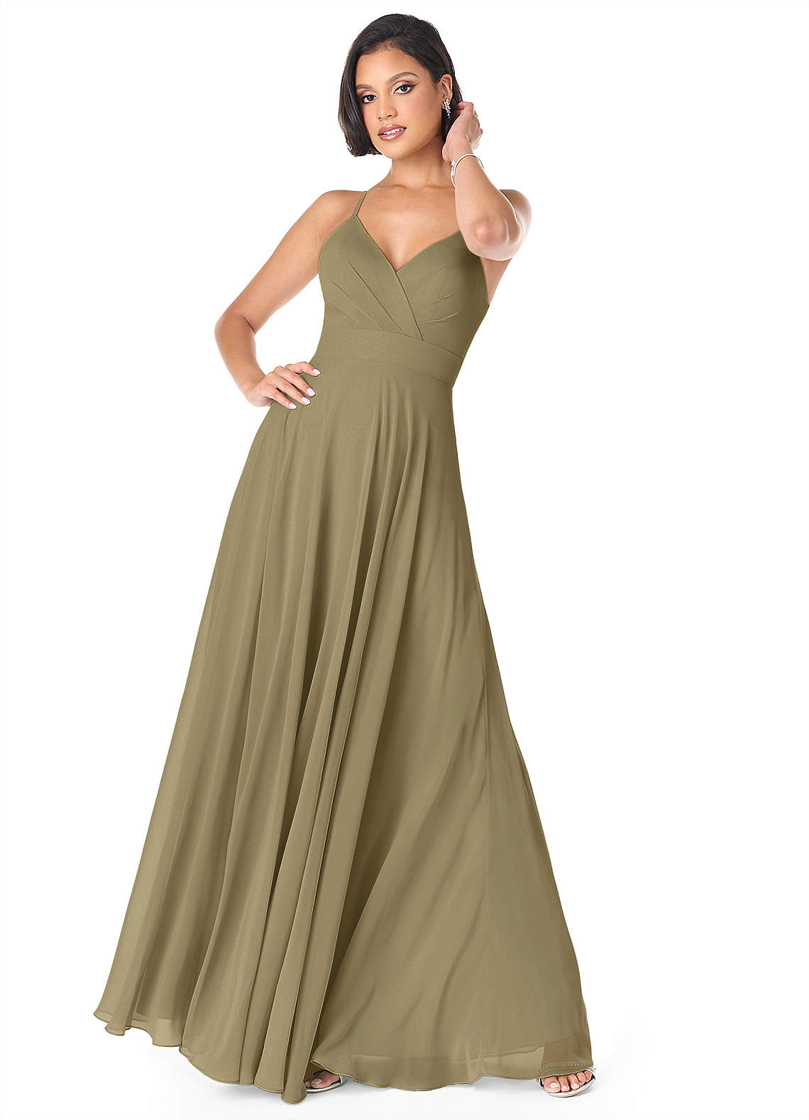 Azazie Avelina Robes de demoiselle d'honneur Robe Trapèze en Mousseline de soie Col V plissé Vert Mousse image1