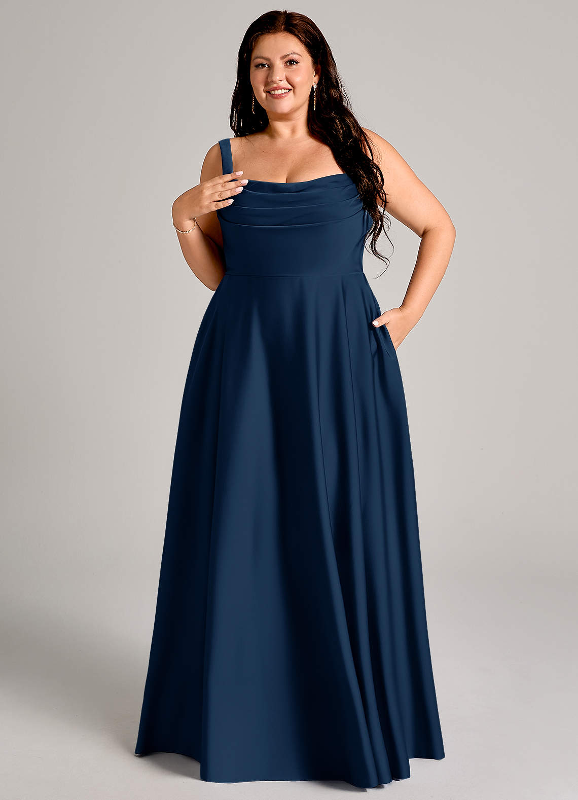 Azazie Shaude Bridesmaid Dresses Dark Navy A-Line Pleated Stretch Satin Dress image10