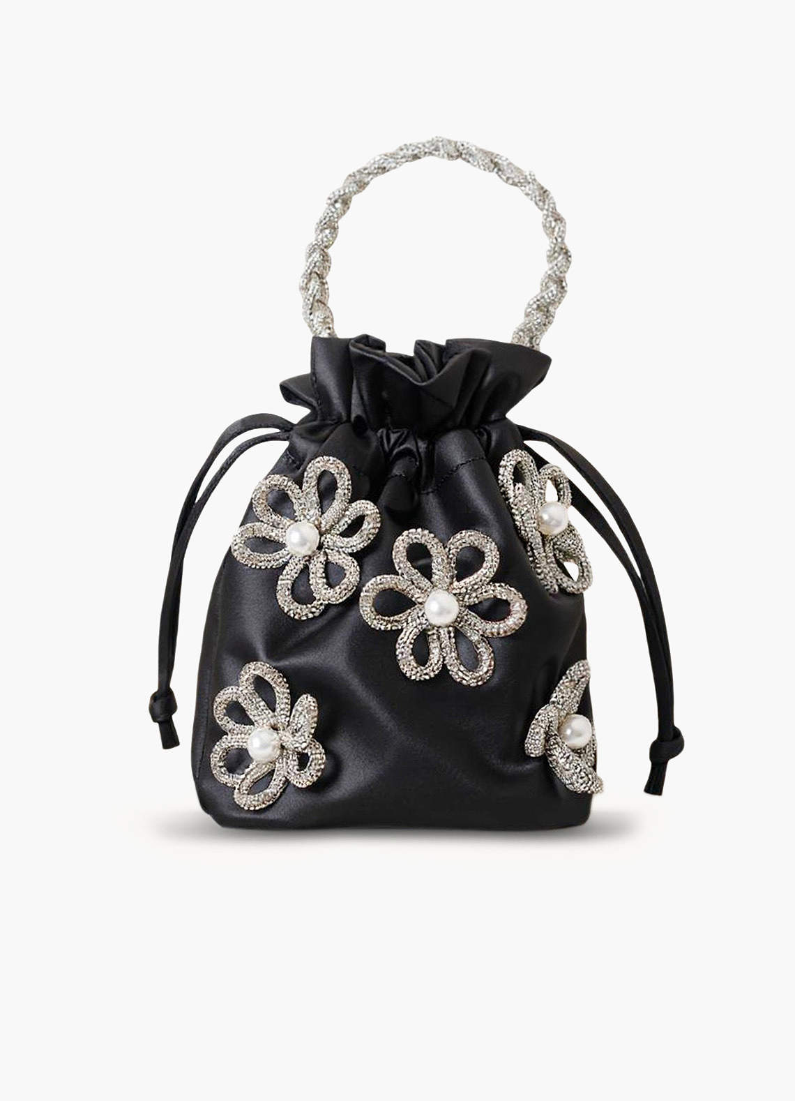 front Bolso tipo cubo de satén con flores y diamantes de imitación