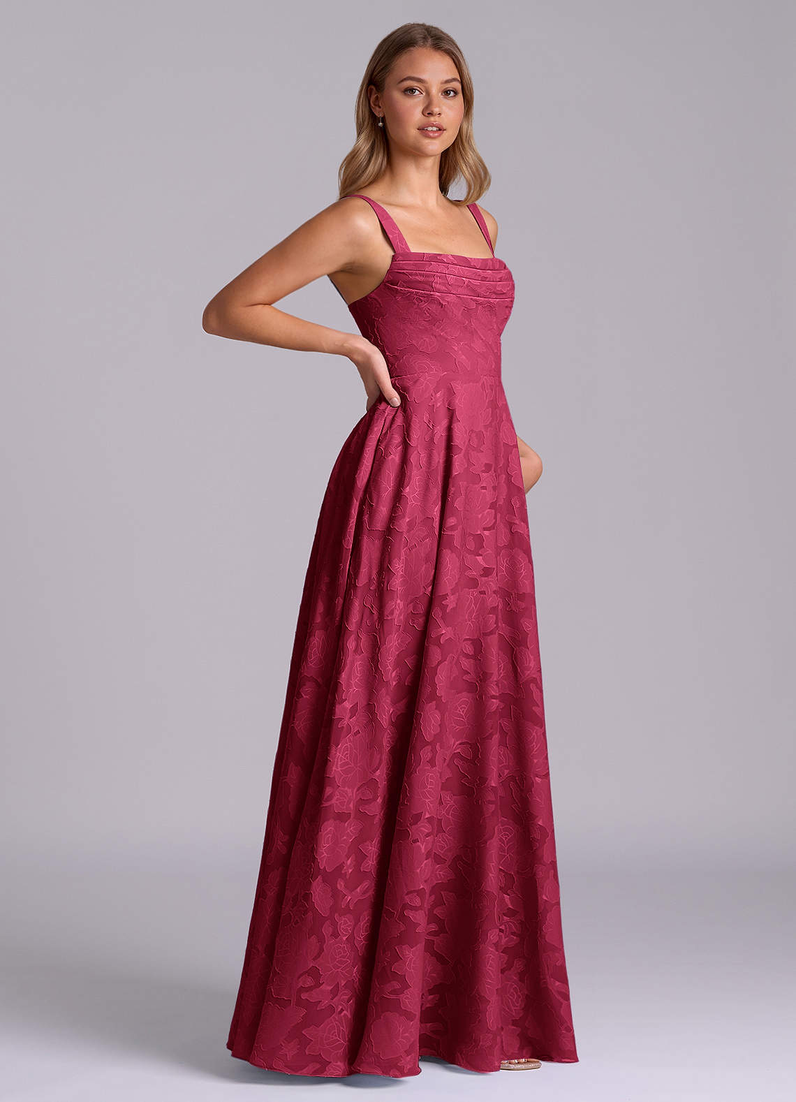 Azazie Shaude At-home Try On Dresses Burgundy A-Line Pleated Floral Burnout Dress image6