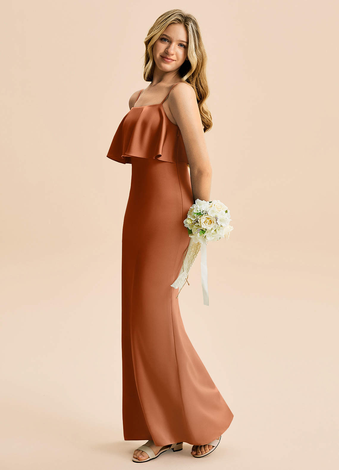 copper junior bridesmaid dresses Terracotta Copper Ruched Junior Bridesmaid Dresses