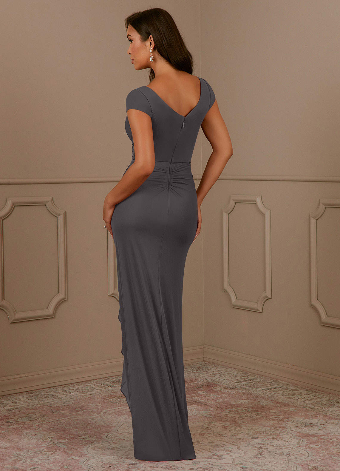 Azazie Roya Mother of the Bride Dresses Steel Grey Mermaid V-Neck Pleated Mesh Dress image2