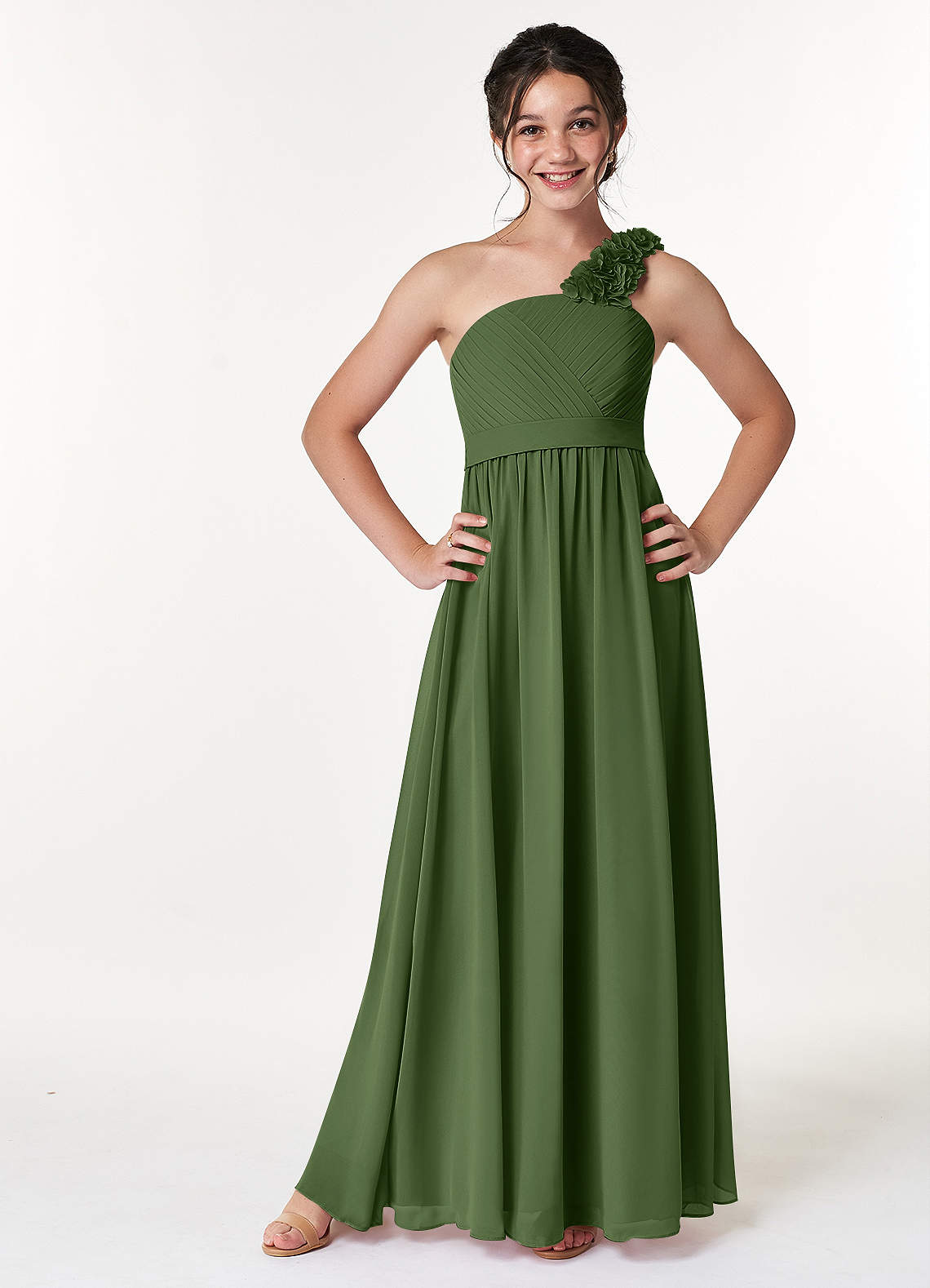 Azazie Flower Junior Olive A-Line Pleated Chiffon Dress image1