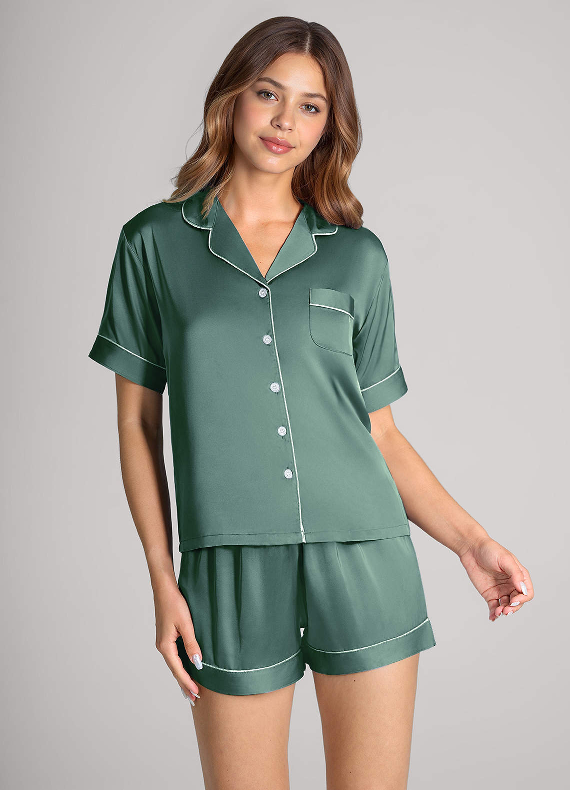 front Matching Color Satin Contrast Piping Pajama Set