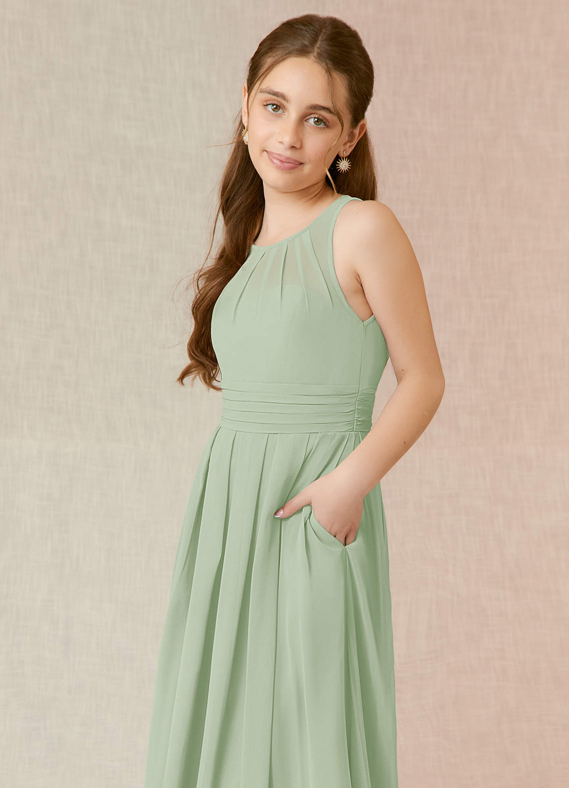 Azazie Bibiane Junior Dusty Sage A-Line Pleated Chiffon Dress image6