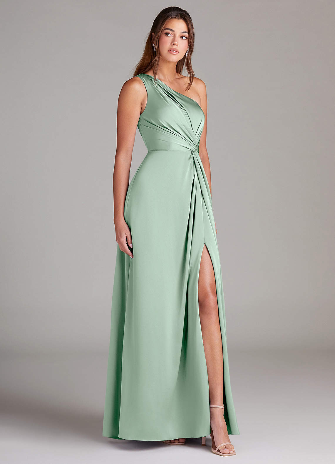 Azazie Brooke Bridesmaid Dresses Agave A-Line One Shoulder Stretch Satin Dress image3