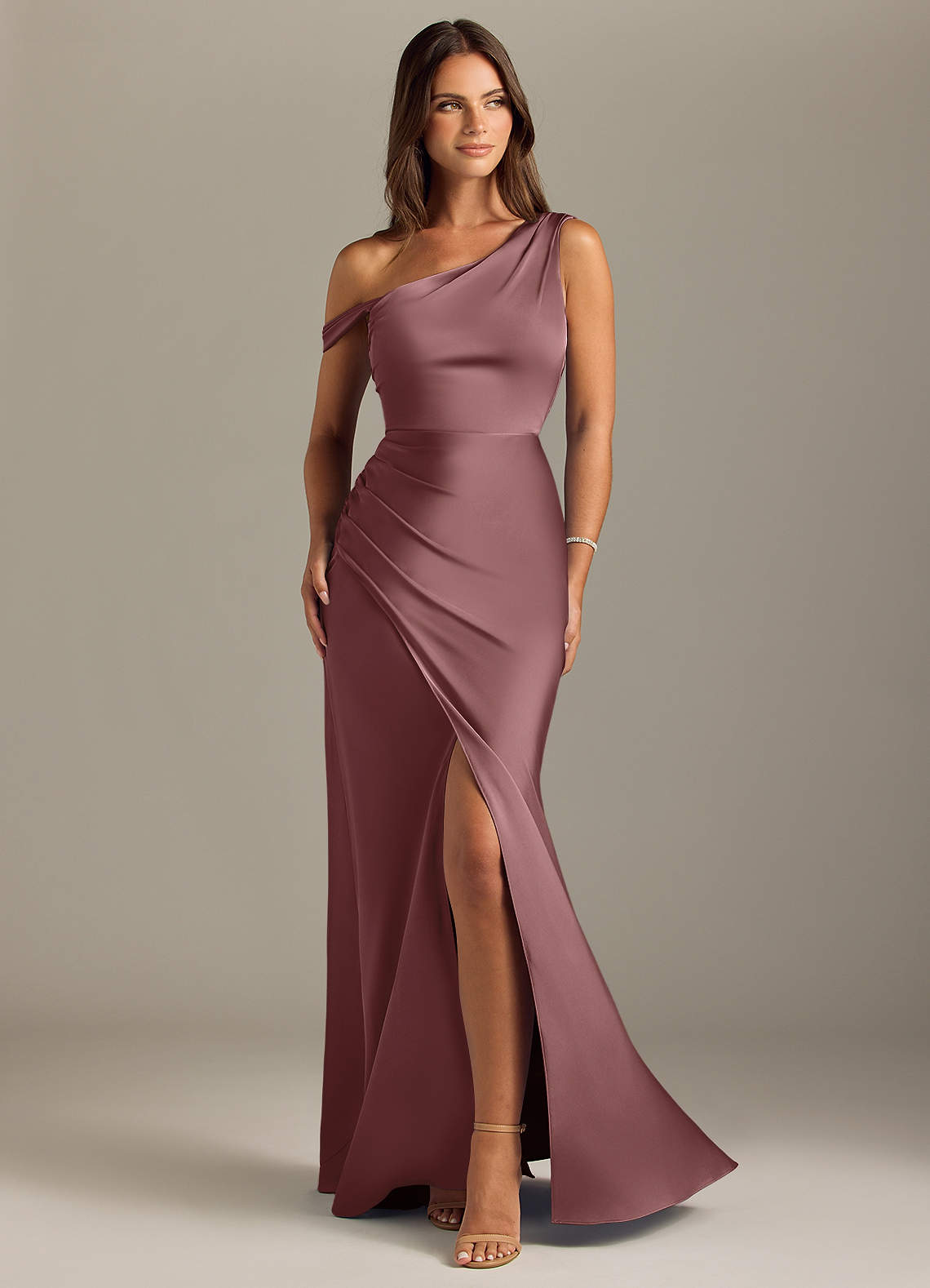 Azazie Madelyn Bridesmaid Dresses Vintage Mauve Mermaid Off the Shoulder Stretch Satin Convertible Dress image1