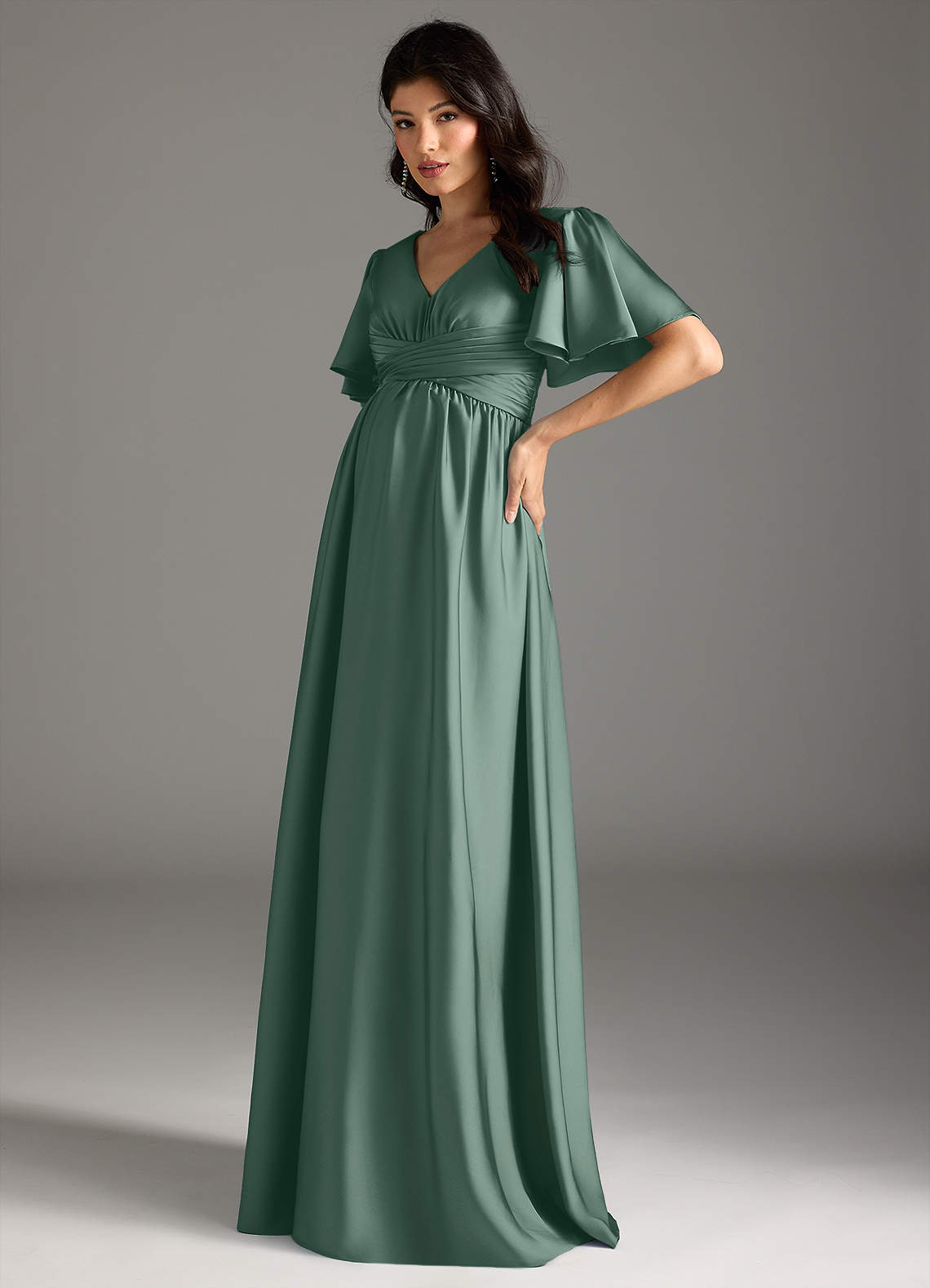 Azazie Verna vestidos de dama de honor de maternidad Vestido de Corte En A Volante Hasta el suelo Satén Elástico image3