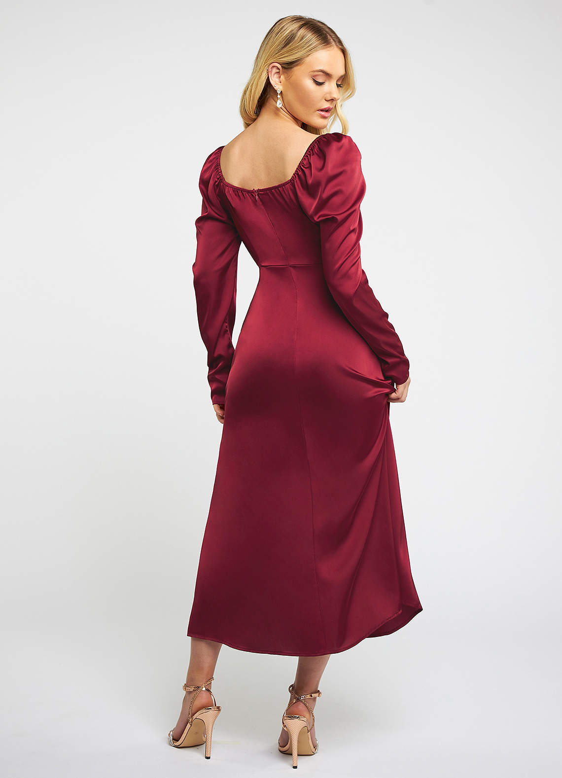 Aspen Burgundy Satin Long Sleeve Midi Dress image1