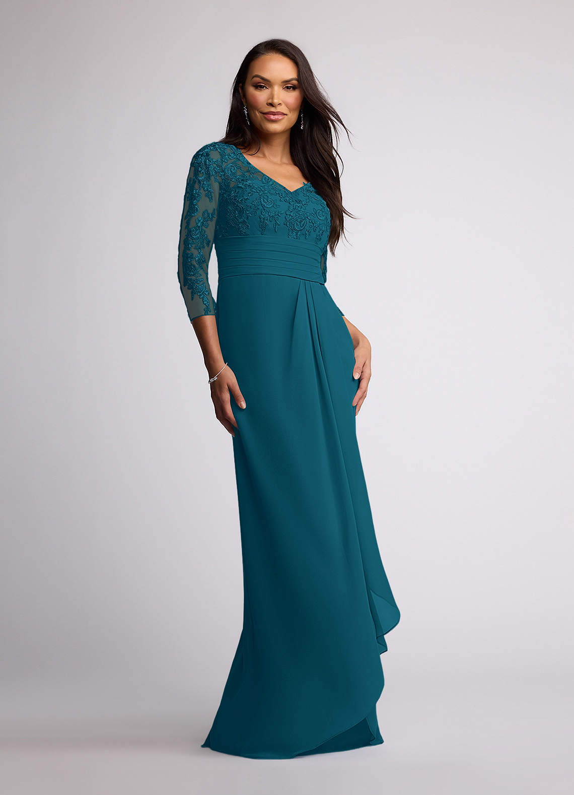 Azazie Joan Mother of the Bride Dresses Ink Blue Sheath V-Neck Lace Chiffon Dress image1