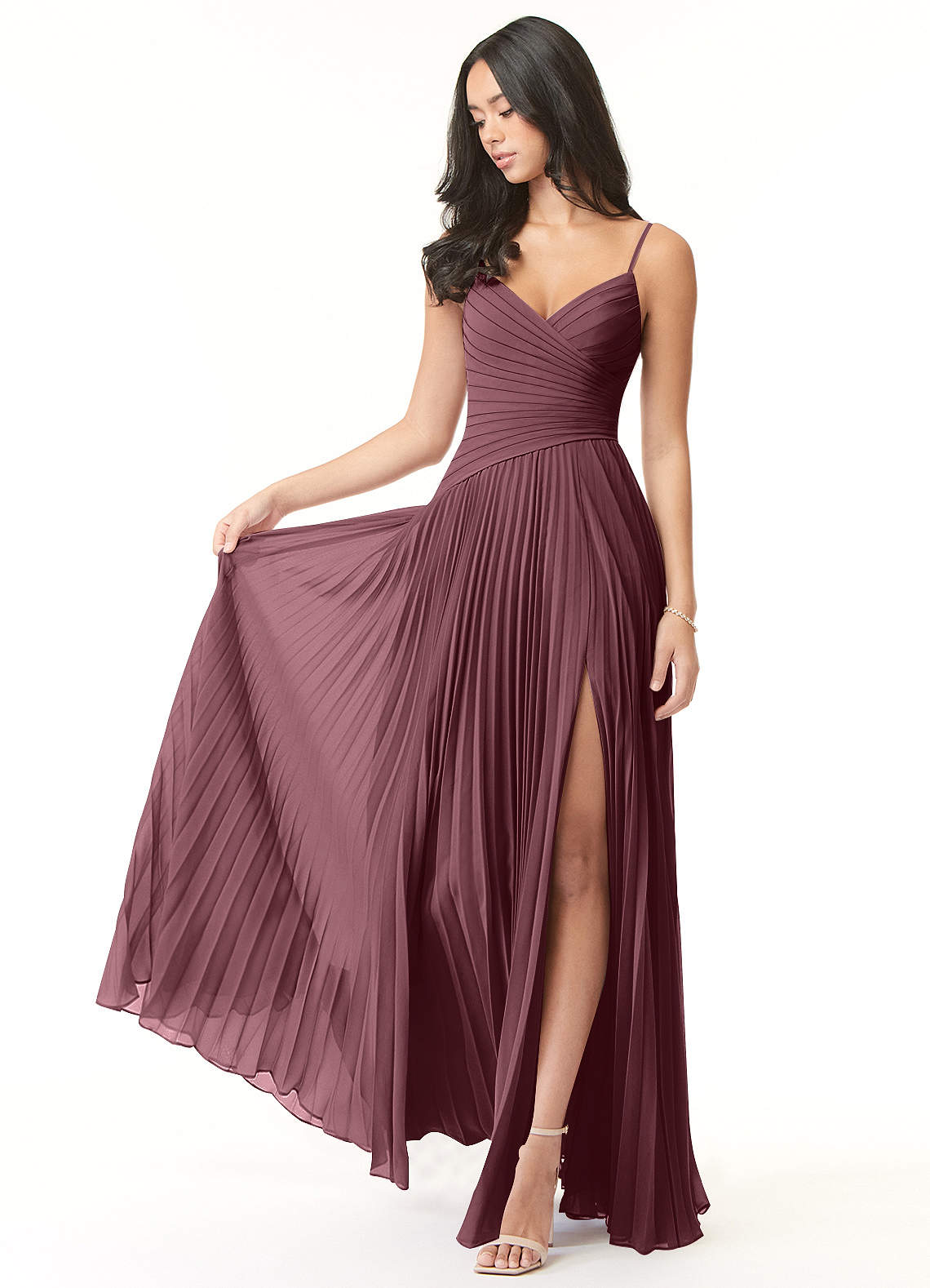 Azazie Vini Bridesmaid Dresses Sangria A-Line V-Neck Pleated Chiffon Dress image1
