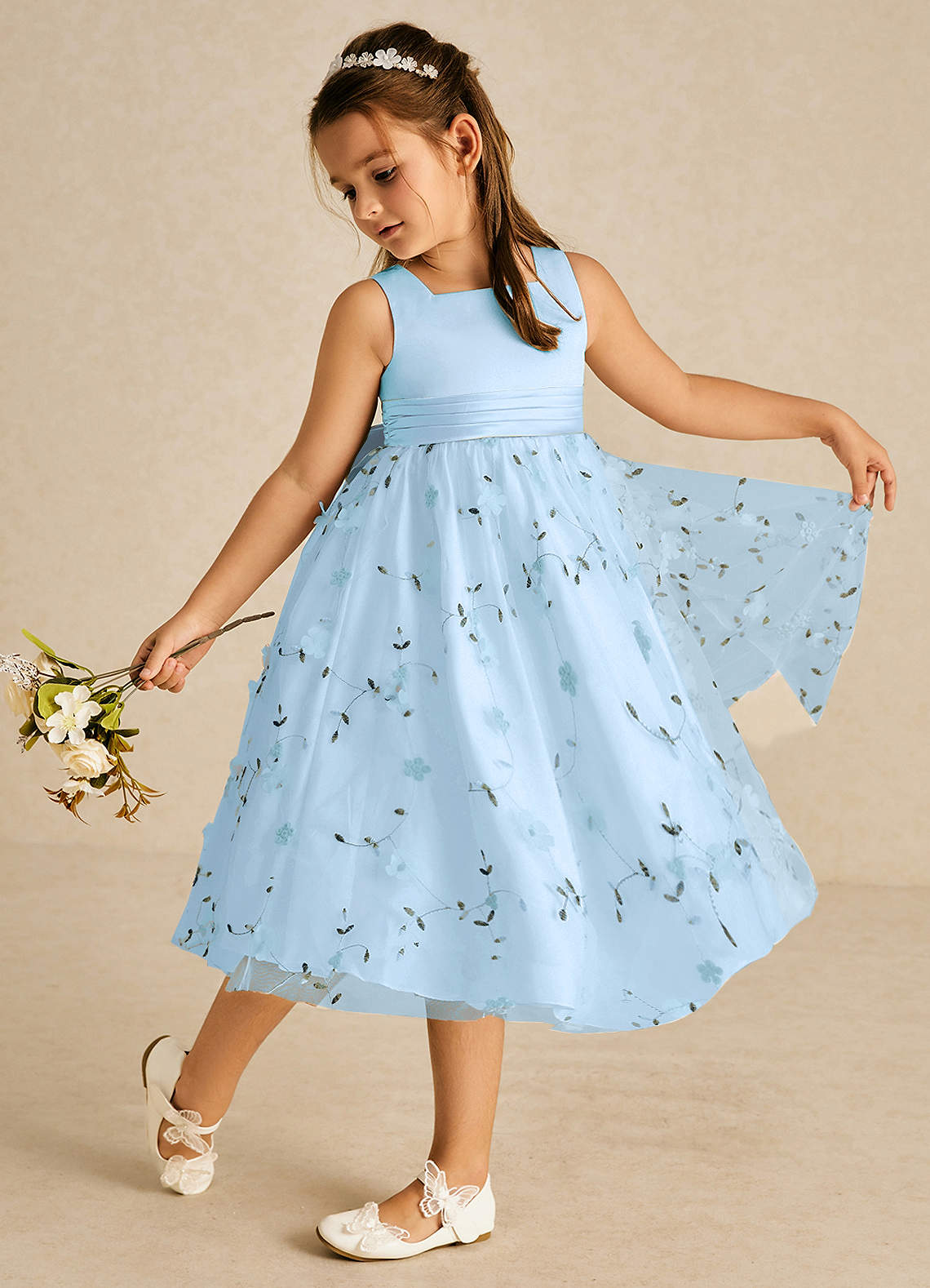 Azazie Pollie Robe Demoiselle D'honneur Fillette Robe Trapèze en Tulle Arc Bleu Ciel image1