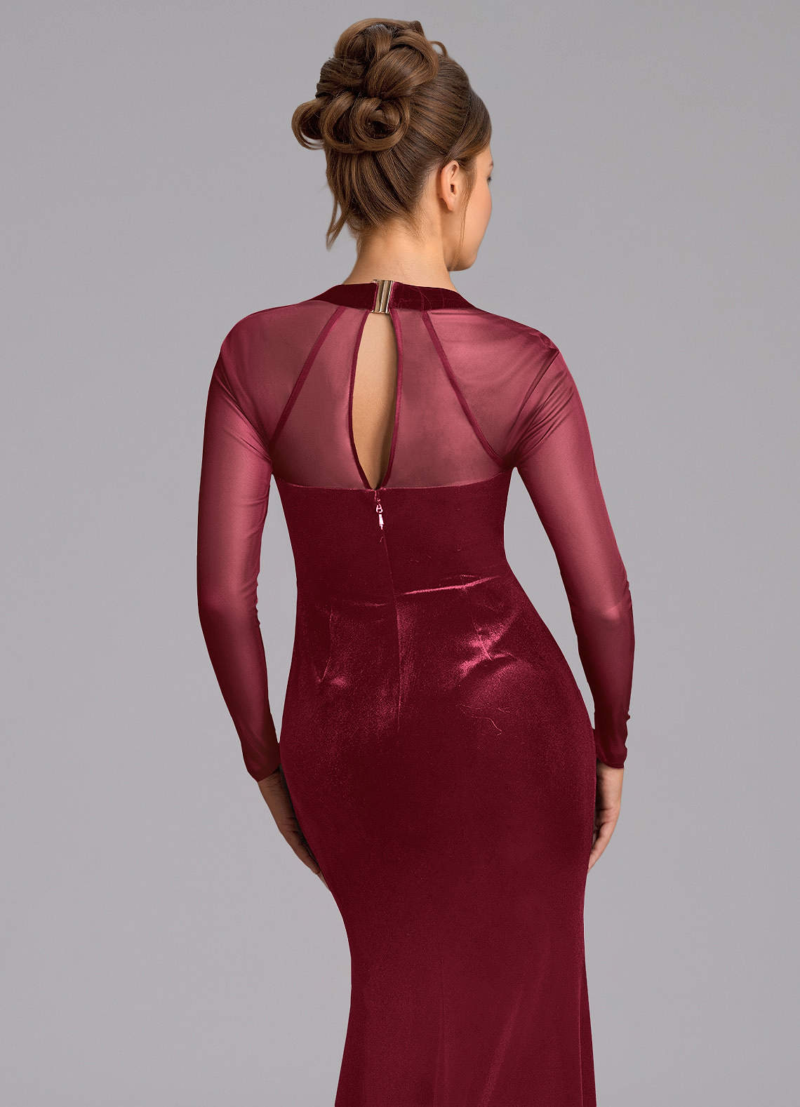 Azazie Megan At-home Try On Dresses Burgundy Mermaid Long Sleeve Mesh Dress image4