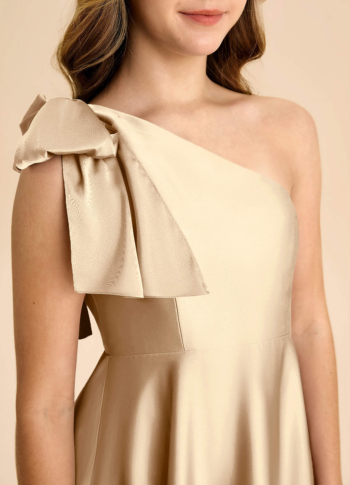 Azazie Penguin Junior Abito A-Line in Raso Elasticizzato Fiocco Champagne image6