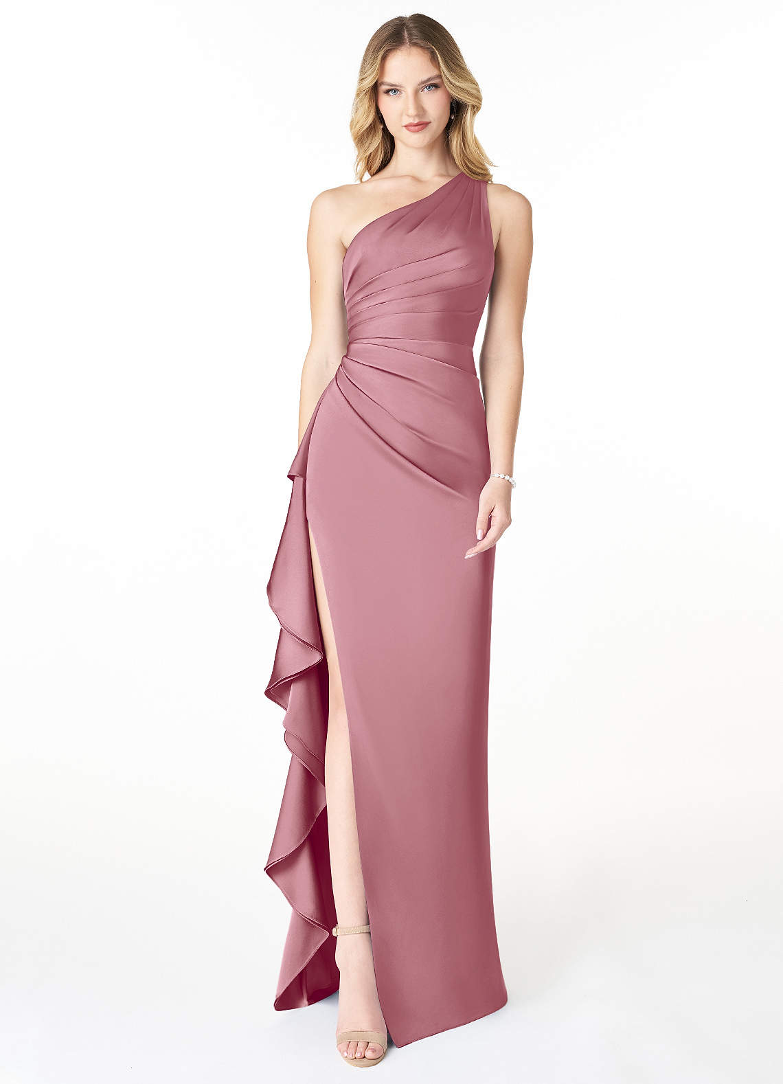 Azazie Latrice Bridesmaid Dresses Vintage Mauve Sheath One Shoulder Cascading Ruffles Stretch Satin Dress image1