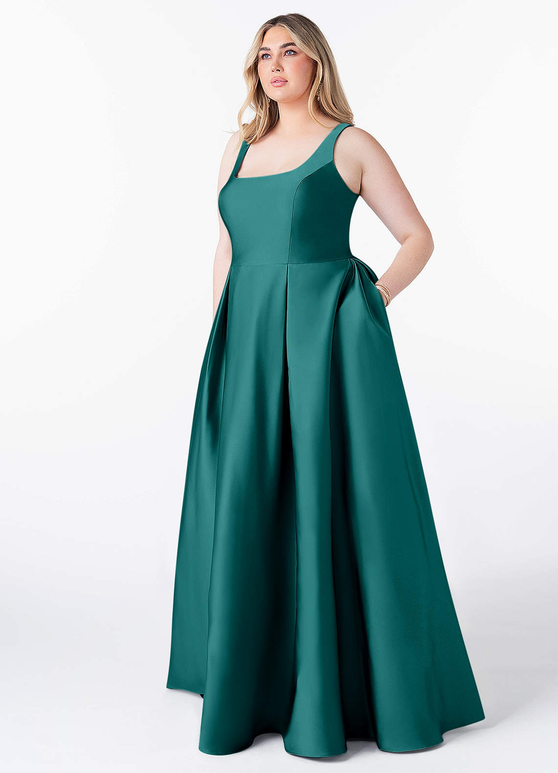 Azazie Neve Bridesmaid Dresses Peacock Ball-Gown with Pockets Stretch Satin Dress image1