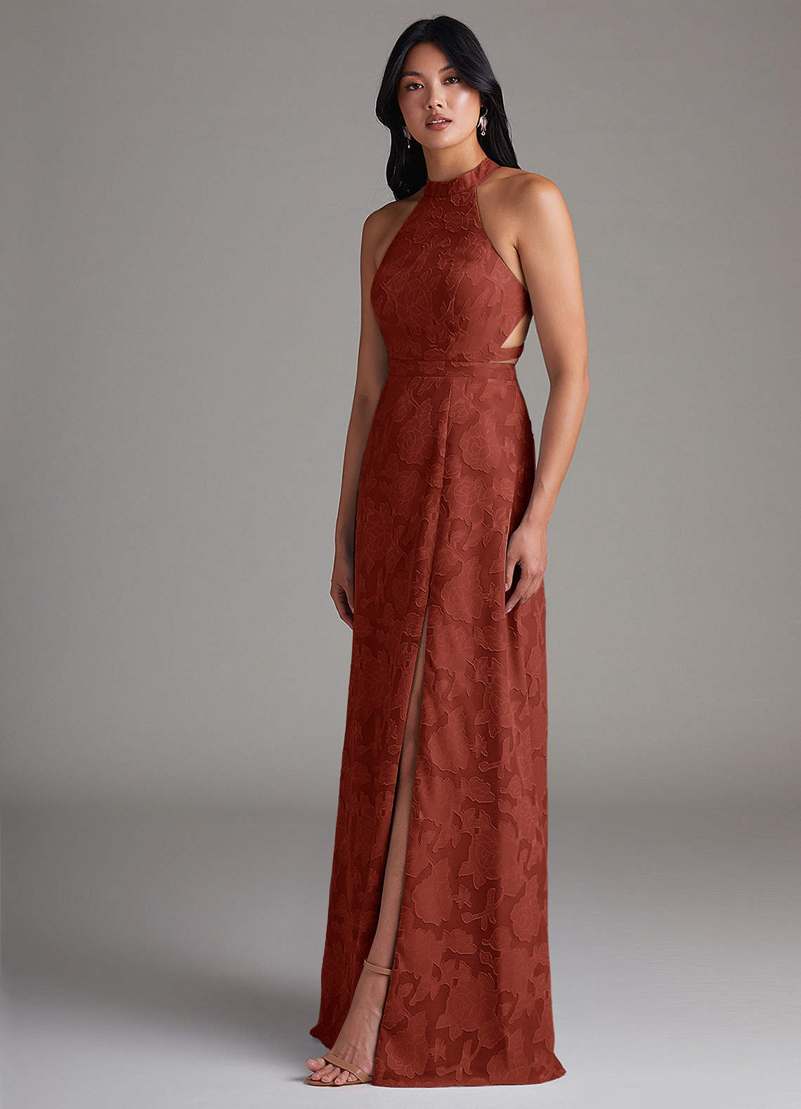 Azazie Clarice Bridesmaid Dresses Terracotta A-Line Side Slit Floral Burnout Dress image2